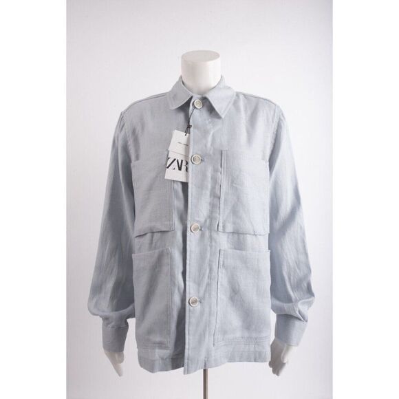Zara Mens 100% Linen Overshirt Jacket Shacket S Small Light Blue 0706/384 NWT - Picture 1 of 6